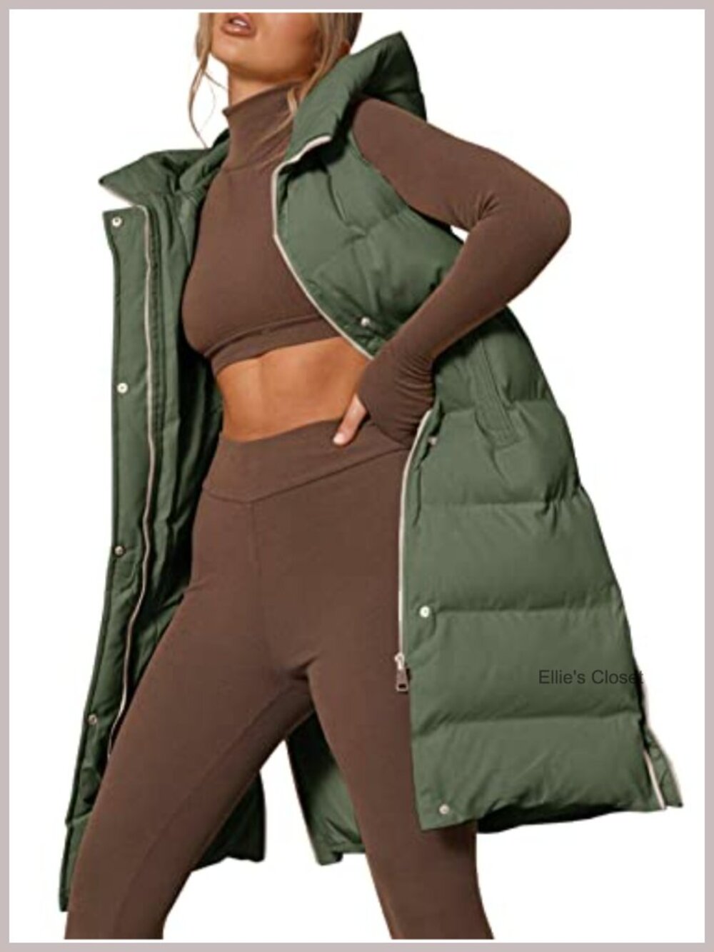 Long Hooded Puffer Vest Sleeveless Zip Up Quilted Down Vest